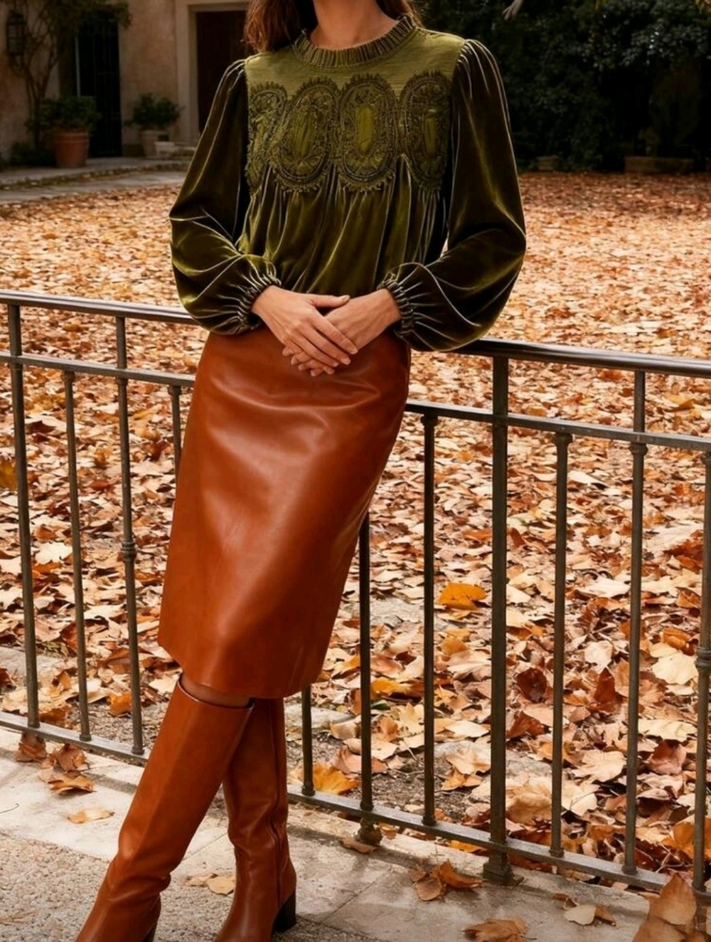 Olive Green Velvet Lace Blouse NWT